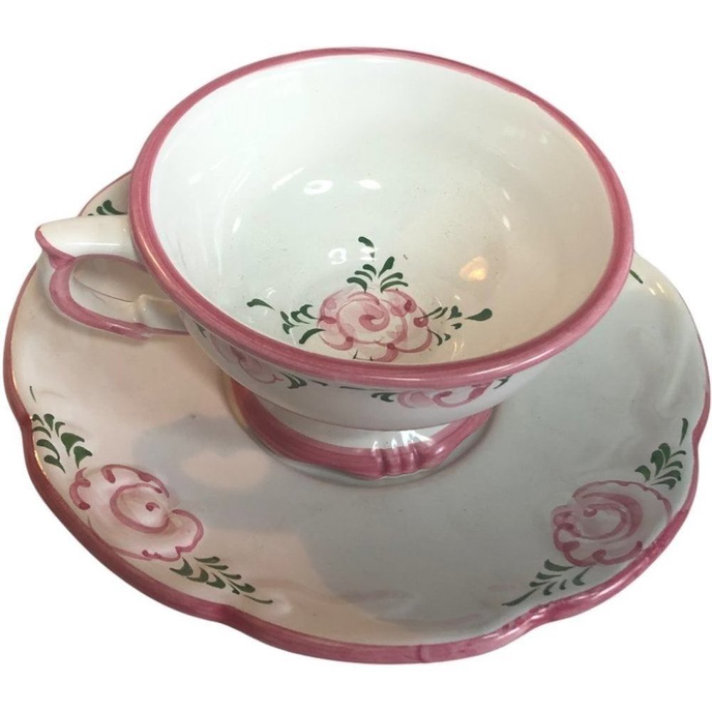 Vestal Alcobaca Of Portugal, 4 White and Pink Footed Coffee Cups and 4 Saucers